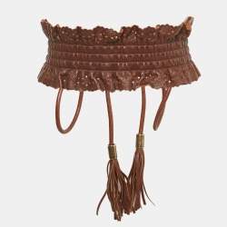 Pre Owned Dolce & Gabbana Brown Leather Tassel Waist Wide Belt 70CM