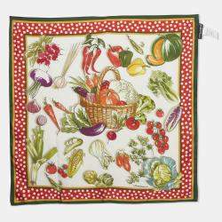 Pre Owned Dolce & Gabbana Green/White Vegetable Print Silk Square Scarf 