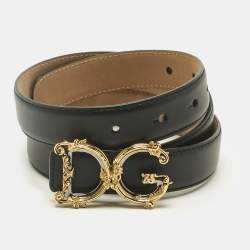 Pre Owned Dolce & Gabbana Black Leather DG Baroque Logo Belt 80CM