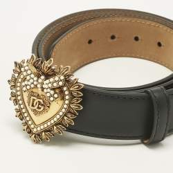 Pre Owned Dolce & Gabbana Black Leather Devotion Heart Buckle Belt 85CM