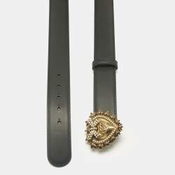Pre Owned Dolce & Gabbana Black Leather Devotion Heart Buckle Belt 85CM