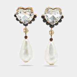 Pre Owned Dolce & Gabanna Crystals Faux Pearl Gold Tone Earrings