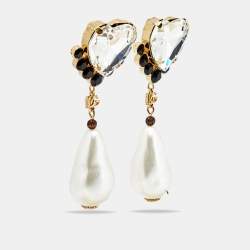 Pre Owned Dolce & Gabanna Crystals Faux Pearl Gold Tone Earrings