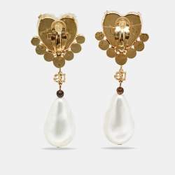 Pre Owned Dolce & Gabanna Crystals Faux Pearl Gold Tone Earrings