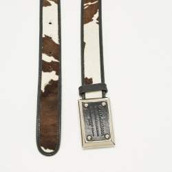 Pre Owned Dolce & Gabbana 85CM Logo Plague Waist Belt Brown Printed Calfhair