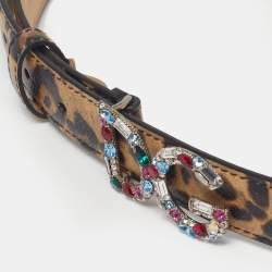 Pre Owned Dolce & Gabbana DG Crystal Logo 85 CM Buckle Belt Brow/Black Leopard Print Coated Canvas