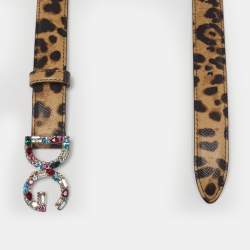Pre Owned Dolce & Gabbana DG Crystal Logo 85 CM Buckle Belt Brow/Black Leopard Print Coated Canvas
