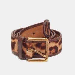 Pre Owned Dolce & Gabbana 85 CM Buckle Belt Brown Leopard Print Calf Hair and Leather