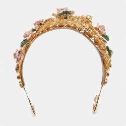 Pre Owned Dolce and Gabbana Floral Crystal Embedded Gold Tone Tiara