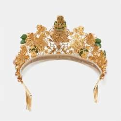 Pre Owned Dolce and Gabbana Floral Crystal Embedded Gold Tone Tiara