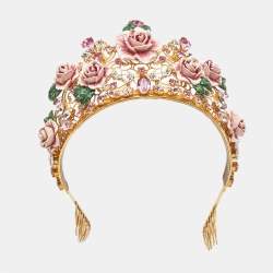 Pre Owned Dolce and Gabbana Floral Crystal Embedded Gold Tone Tiara