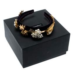 Pre Owned Dolce & Gabbana Purple Velvet Faux Pearl Embellished Gold Tone Headband