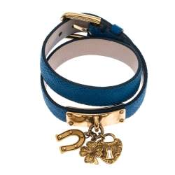 Pre Owned Dolce & Gabbana Good Luck Charms Blue Leather Wrap Bracelet M
