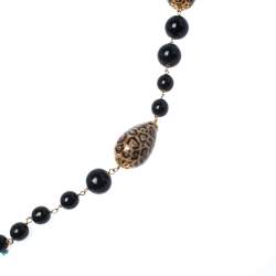 Pre Owned Dolce & Gabbana Printed Beaded Gold Tone Long Necklace