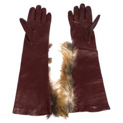 Pre Owned Fendi Maroon Fox Fur and Leather Long Gloves 