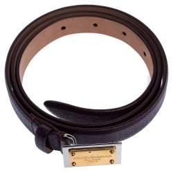 Pre Owned Dolce & Gabbana Plum Grained Leather Logo Plaque Buckle Belt 90CM
