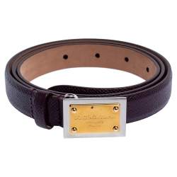 Pre Owned Dolce & Gabbana Plum Grained Leather Logo Plaque Buckle Belt 90CM