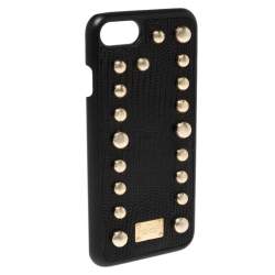 Pre Owned Dolce & Gabbana Black Lizard Embossed Leather Studded iPhone 7 Cover