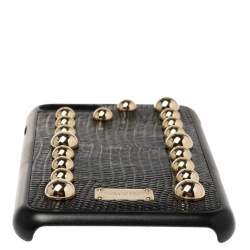Pre Owned Dolce & Gabbana Black Lizard Embossed Leather Studded iPhone 7 Cover