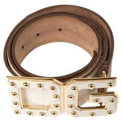 Pre Owned حزام خضر دولتشي أند غابانا جلد مرصع شعار جلد بني فاتح/ أبيض 85 سم