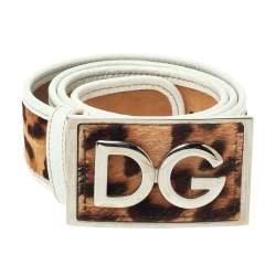 Pre Owned حزام دولتشي أند غابانا حافظة جلد وشعر عجل طباعة حيوان أبيض/ بني مقاس 80 سم