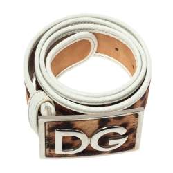 Pre Owned حزام دولتشي أند غابانا حافظة جلد وشعر عجل طباعة حيوان أبيض/ بني مقاس 80 سم