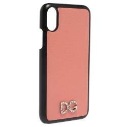Pre Owned Dolce & Gabbana Pink/Black Leather Crystal Embellished Logo iPhone X Cover