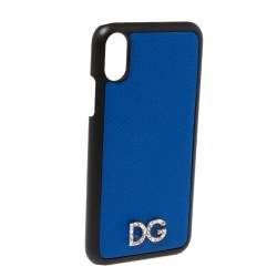Pre Owned Dolce & Gabbana Blue/Black Leather Crystal Embellished Logo iPhone X Cover