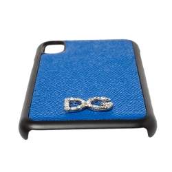 Pre Owned Dolce & Gabbana Blue/Black Leather Crystal Embellished Logo iPhone X Cover
