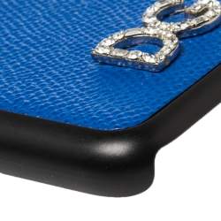 Pre Owned Dolce & Gabbana Blue/Black Leather Crystal Embellished Logo iPhone X Cover