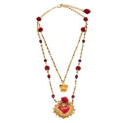 Dolce & Gabbana Red Enamel Sacred Heart Double Strand Necklace
