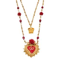 Dolce & Gabbana Red Enamel Sacred Heart Double Strand Necklace