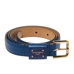 Pre Owned Dolce & Gabbana Blue Leather Slim Buckle Belt 80CM