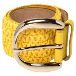 Pre Owned Dolce & Gabbana Yellow Leather and Straw Elastic Waist Belt 70 CM