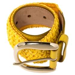 Pre Owned Dolce & Gabbana Yellow Leather and Straw Elastic Waist Belt 70 CM