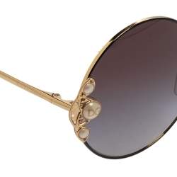 Pre Owned Dolce and Gabbana Gold/Grey DG2252-H Pearl Embellished Round Sunglasses