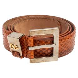 Pre Owned Dolce & Gabbana Orange Snakeskin Buckle Belt 85 CM