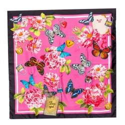 مملوكة مسبقًا Dolce & Gabbana Pink Butterfly Floral Print Silk Square Scarf