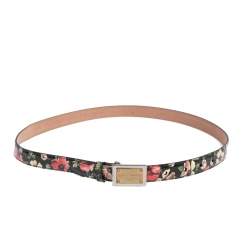 Pre Owned Dolce & Gabbana Black Floral Print Patent Leather Logo Plaque Slim Belt 85 CM