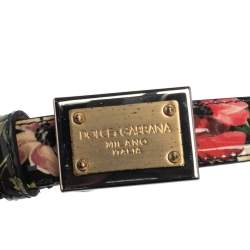 Pre Owned Dolce & Gabbana Black Floral Print Patent Leather Logo Plaque Slim Belt 85 CM