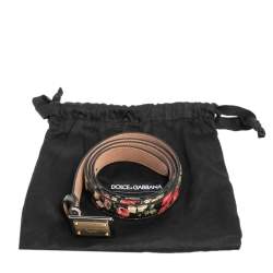 Pre Owned Dolce & Gabbana Black Floral Print Patent Leather Logo Plaque Slim Belt 85 CM