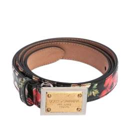 Pre Owned Dolce & Gabbana Black Floral Print Patent Leather Logo Plaque Slim Belt 85 CM