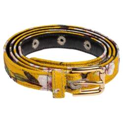 Pre Owned Dolce & Gabbana Yellow Floral Print Fabric Slim Belt 85 CM