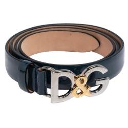 Pre Owned Dolce & Gabbana Blue Patent Leather D&G Logo Slim Belt 85 CM