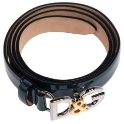 Pre Owned Dolce & Gabbana Blue Patent Leather D&G Logo Slim Belt 85 CM