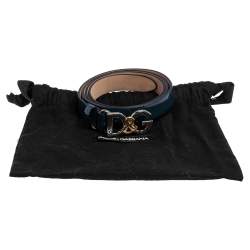 Pre Owned Dolce & Gabbana Blue Patent Leather D&G Logo Slim Belt 85 CM