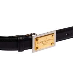 Pre Owned Dolce & Gabbana Black Leather Logo Plaque Slim Belt 85 CM
