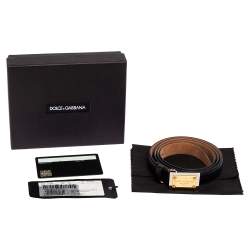 Pre Owned Dolce & Gabbana Black Leather Logo Plaque Slim Belt 85 CM