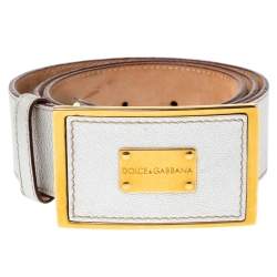 Pre Owned Dolce & Gabbana Metallic Silver Leather Logo Plaque Buckle Belt 85CM