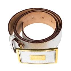 Pre Owned Dolce & Gabbana Metallic Silver Leather Logo Plaque Buckle Belt 85CM